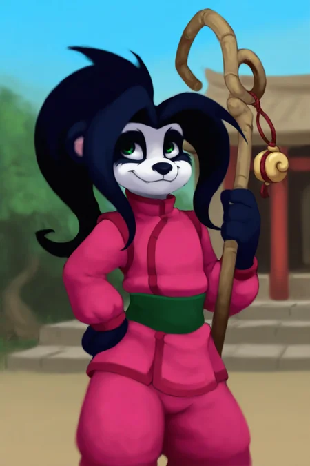 masterpiece, best quality, amazing quality, very aesthetic, high resolution, ultra-detailed, absurdres, newest, scenery, depth of field, scenery, volumetric lighting, by dogyd, li li stormstout, warcraft, bear, pandaren, furry, furry female, anthro, black hair, green eyes, black nose, black fur, black body, white fur, white body, body fur, ponytail, 1girl, solo, smile, staff, cowboy shot, long hair, chinese clothing, east asian clothing, pink kimono, ong sleeves, dark green sash, pink pants, baggy pants, female focus, temple, outdoors, blurry background, hand on hip, standing, puffy pants, closed mouth, smile, looking at side, holding staff, weapon,jacket, animal ears, pose action