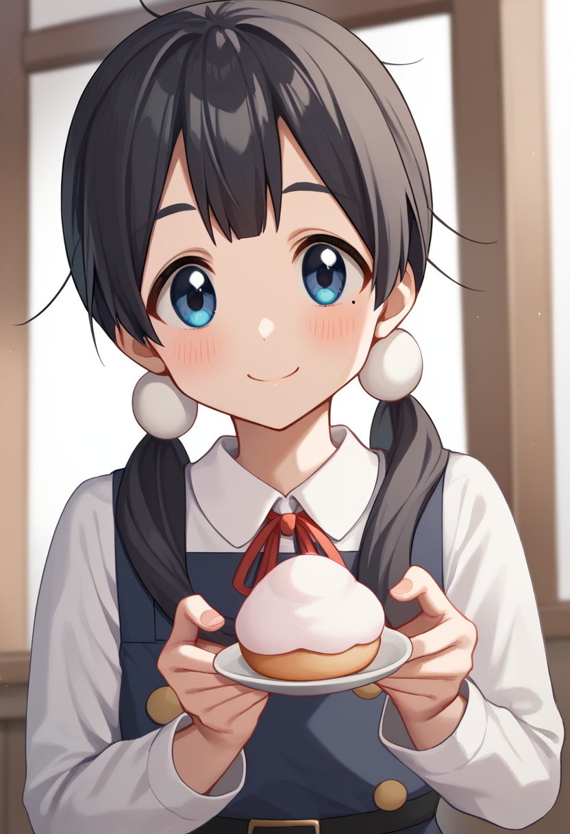 score_9,score_8_up,score_7_up,<lora:kitashirakawa_tamako_pony:1>,red_ribbon,neck_ribbon,kitashirakawa_tamako,upper_body,mole_on_neck,long_sleeves,collared_shirt,closed_mouth,black_dress,pinafore_dress,holding_food,1girl,layered_clothes,solo,commentary_request,white_shirt,looking_at_viewer,white_background,blush,smile,mochi,wagashi,simple_background,