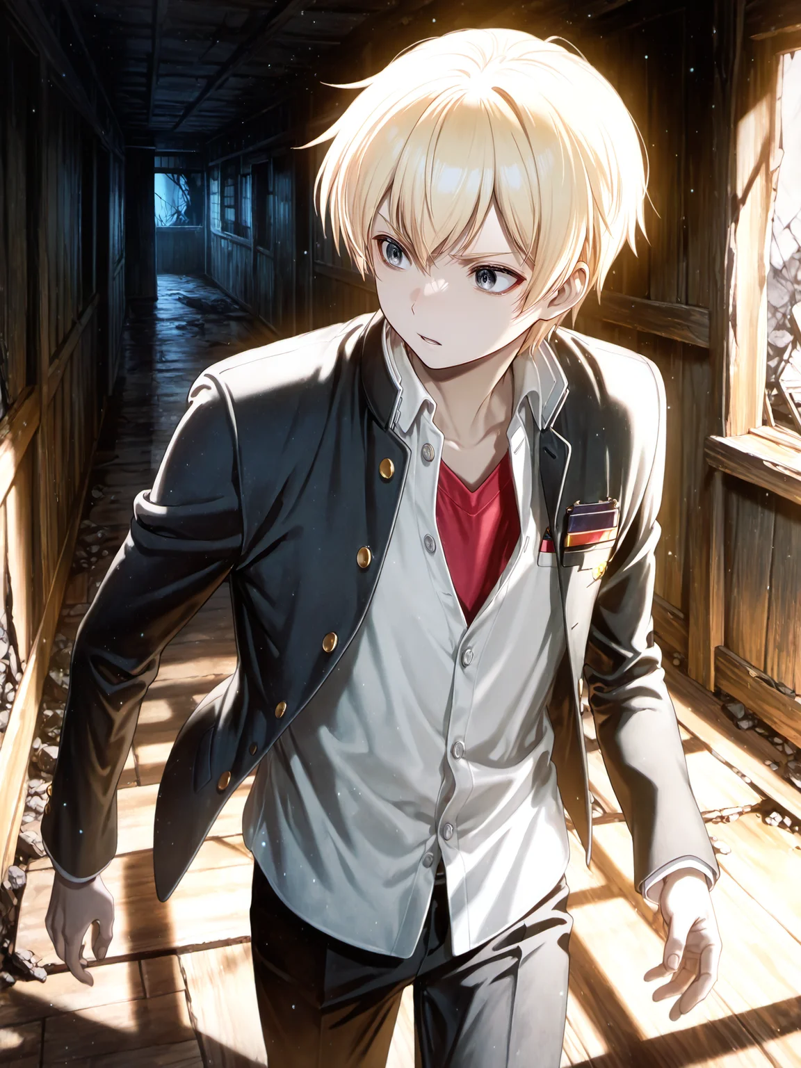 siiqa vivi, shuri \(84k\), <lora:YoshikiXL:1> Yoshiki_CoPa, 1boy, school uniform, gakuran, unbuttoned, black pants, short hair, badge, dark grey eyes, determined, walking, dark, horror \(theme\), 
solo <lora:cfg_scale_boost:0.9> ruins, wooden wall, wooden floor <lora:spo_sdxl_10ep_4k-data_lora_webui:0.4> upper body, blonde hair, night, 
masterpiece, best quality, amazing quality, very aesthetic, absurdres, newest, lazypos, light particles,