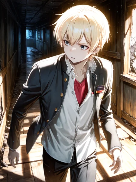 siiqa vivi, shuri \(84k\), <lora:YoshikiXL:1> Yoshiki_CoPa, 1boy, school uniform, gakuran, unbuttoned, black pants, short hair, badge, dark grey eyes, determined, walking, dark, horror \(theme\), 
solo <lora:cfg_scale_boost:0.9> ruins, wooden wall, wooden floor <lora:spo_sdxl_10ep_4k-data_lora_webui:0.4> upper body, blonde hair, night, 
masterpiece, best quality, amazing quality, very aesthetic, absurdres, newest, lazypos, light particles,