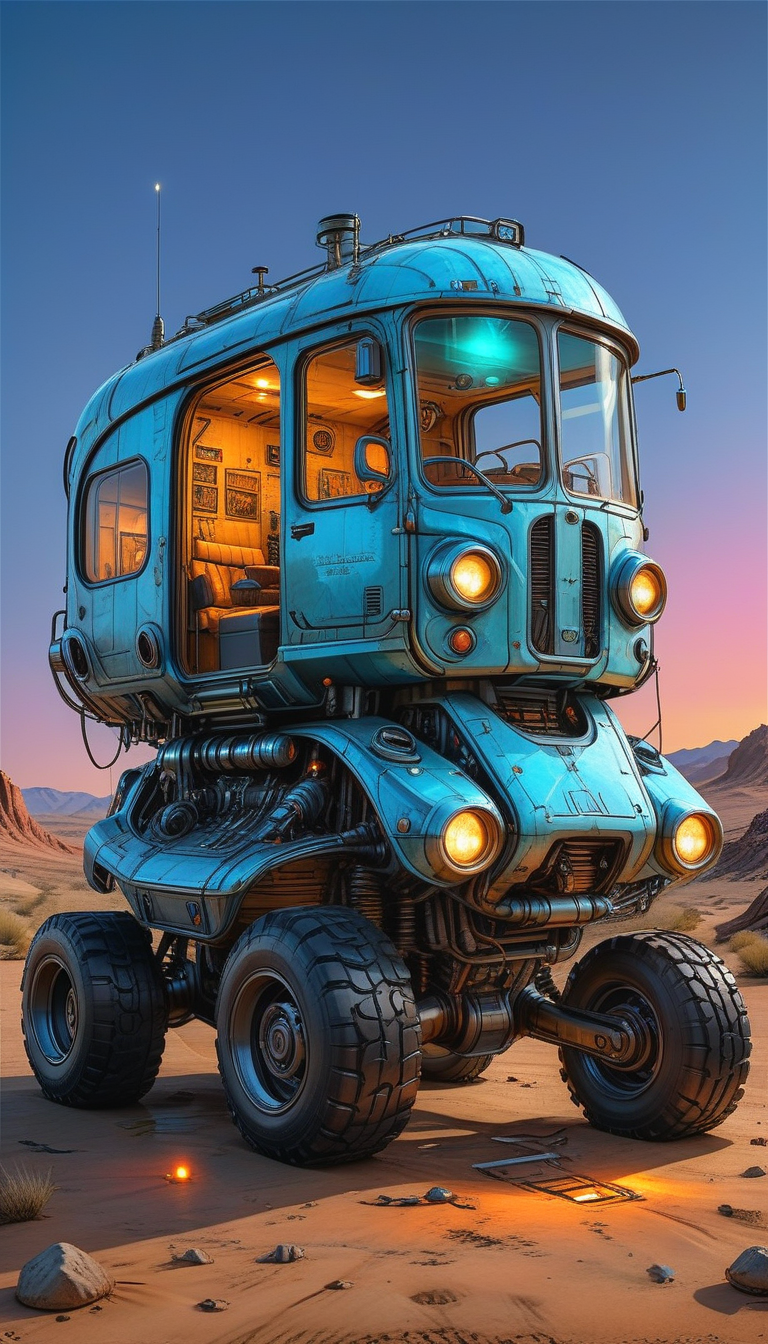 (cel-shading:2)+, (in ARTIST style:1.6), (masterpiece:1.7),  glow blue neon, hyperrealism, glossy, shinny, clear image, accurate picture, clear picture, precise image, focused image, Science fiction style, Science fiction, (cozy comfy, no humans, science fiction, vehicle focus, robot, neon night wasteland background, mecha, wheeled vehicle,transparent glass paint, glass car) comic style, (ultra sharp focus:2), (thin lines:2), (best quality:1.8),
(masterpiece:1.8), (highest detailed:1.8), perfectly lighted, (contrast), (saturated), (((sharp focus))),
(hyperdetailed:1.3), (intricate details:1.2), (Refined details:1.3), (best quality:1.5), highly detailed textures, vibrant colors,
(ultra sharp focus:1.8), (detailed texture:1.8), (detailed edges:1.8), (thin lines:1.8), (best quality:1.8),
<lora:Apparatus_-_Traction_City_Walkers_Vehicles:0.8>,