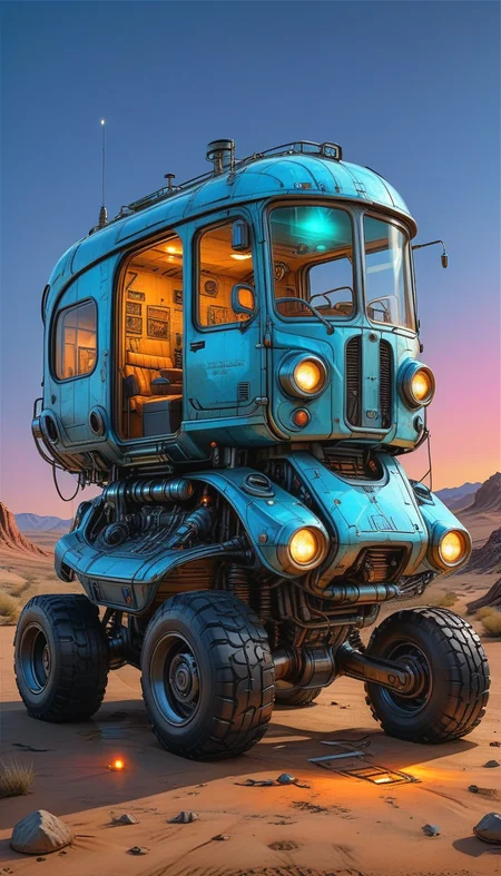 (cel-shading:2)+, (in ARTIST style:1.6), (masterpiece:1.7), glow blue neon, hyperrealism, glossy, shinny, clear image, accurate picture, clear picture, precise image, focused image, Science fiction style, Science fiction, (cozy comfy, no humans, science fiction, vehicle focus, robot, neon night wasteland background, mecha, wheeled vehicle,transparent glass paint, glass car) comic style, (ultra sharp focus:2), (thin lines:2), (best quality:1.8),
(masterpiece:1.8), (highest detailed:1.8), perfectly lighted, (contrast), (saturated), (((sharp focus))),
(hyperdetailed:1.3), (intricate details:1.2), (Refined details:1.3), (best quality:1.5), highly detailed textures, vibrant colors,
(ultra sharp focus:1.8), (detailed texture:1.8), (detailed edges:1.8), (thin lines:1.8), (best quality:1.8),
<lora:Apparatus_-_Traction_City_Walkers_Vehicles:0.8>,