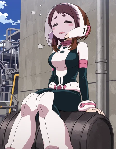 <lora:UrarakaHelmet vPREDv3:1> ur4r4, 0ch4k0, construction site, pink face shield, bodysuit, sitting on barrel, =_=, tired, , , masterpiece, best quality, very aesthetic