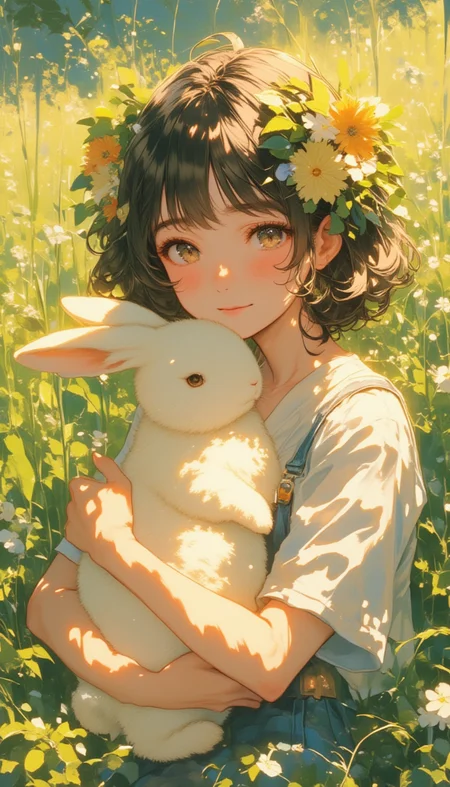 A cozy summer oil painting portrait of japanese girl with a cute bunny, style by Atey Ghailan, the air is warm and still, and the only sound is the gentle chirping of crickets, feel safe and loved, detailed eyes, perfect eyes, The scene is peaceful and nostalgic, and it brings a smile to your face,
,lyh_niji