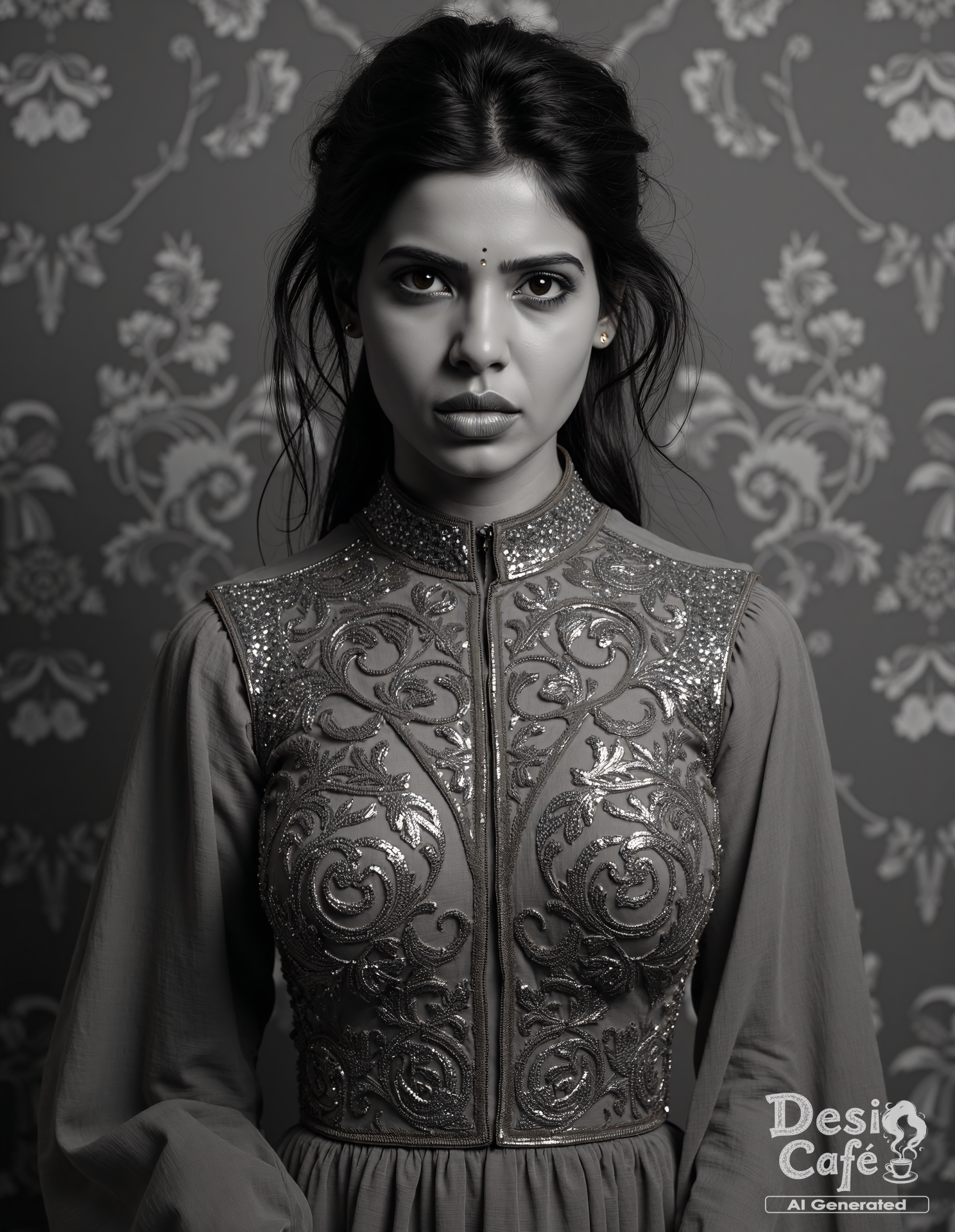 vintage greyscale photo of Samantha Ruth Prabhu woman, hyper realistic photo that is safe for work, angry, studio quality image, well dressed wearing intricate long sleevedhigh necked evening gown, hair styled as messy hair,muted shaded wallpaper background that contrasts with the person, cinematic lighting,âââââ <lora:Samantha_Ruth_Prabhu_Flux_Kohya_V1-000001:0.8>âââ