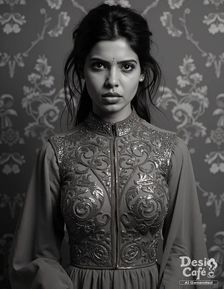 vintage greyscale photo of Samantha Ruth Prabhu woman, hyper realistic photo that is safe for work, angry, studio quality image, well dressed wearing intricate long sleevedhigh necked evening gown, hair styled as messy hair,muted shaded wallpaper background that contrasts with the person, cinematic lighting,âââââ <lora:Samantha_Ruth_Prabhu_Flux_Kohya_V1-000001:0.8>âââ