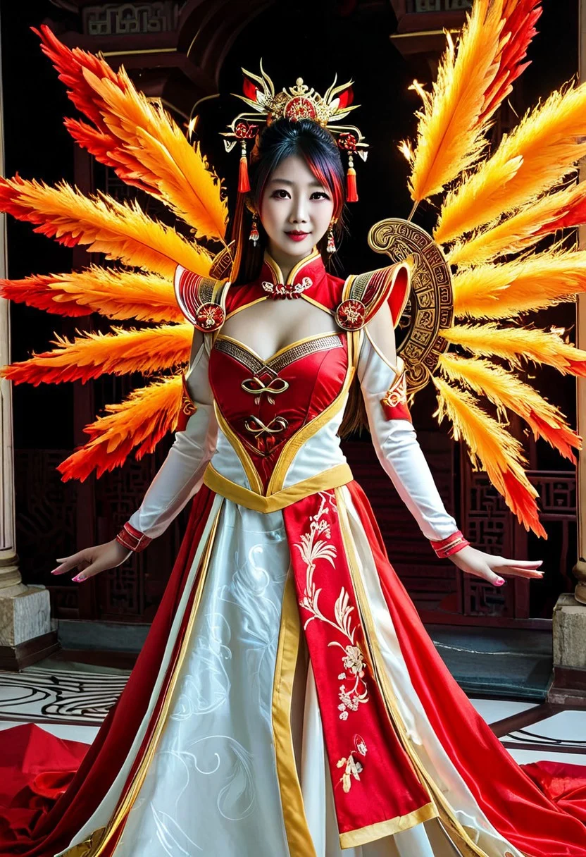 (high quality), (masterpiece), (detailed), 8K, Hyper-realistic depiction of asian_chinese (1girl1.3) with (phoenix-inspired outfit1.4). (Fiery feathers1.3) adorn (ornate shoulder piece1.2), (golden accents1.2) shimmer against (crimson fabric1.2). framed by (firey aura1.3), (dynamic lighting1.3) highlights intricate details. Dynamic pose, Chinese temple background.