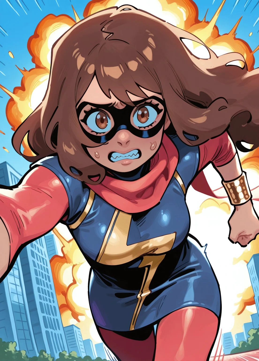 masterpiece, best quality, amazing quality, very aesthetic, absurdres, newest, detailed eyes, JJFrenchiestyle, 6l005, (vibrant colors),
1girl, mmkamalakhan, brown hair, bangs, brown eyes, dark-skinned female, brown eyes, long hair, dress, sleeves, scarf, bracelet, (domino mask), red pantyhose, medium breasts,
(running), (motion lines), worried, ((nervous)), teeth, looking at viewer, selfie, view from front, close up,
New York city, explosion, skyscraper, detailed background,,