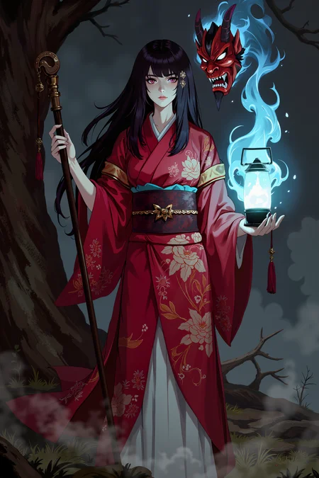 a somber, ghostly figure in traditional Japanese attire. The figure, with pale skin and long black hair, wears a flowing red kimono with intricate designs. They hold a glowing lantern and a staff, surrounded by ethereal blue flames. A red demon mask floats near their face. The background is dark and foggy, with a large tree trunk visible to the left. The atmosphere is eerie and mystical. , detailed background Fantastic lighting. Detailed shadows.intricate details, vivid colors, hyper-detailed, ultra-sharp, , <lora:XRSTYLE_FLUX:0.5><lora:RetroAnimeFluxV1:0.4><lora:MoriiMee_Gothic_Niji_Style_FLUX:0.3>