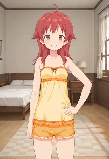 1girl, solo, hannalbdilus, red hair, medium hair, ahoge, brown eyes, frilled camisole, sleeveless, shorts, indoors, bedroom, standing, cowboy shot, hand on hip, straight-on, looking at viewer, smile, teeth,