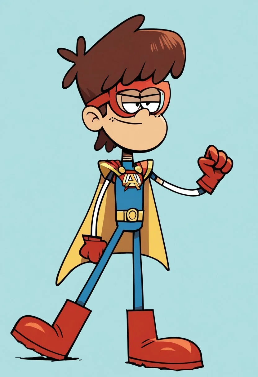 (score_9 | score_8_up | score_7_up) ((masterpiece:1))(best quality,very high quality,ultra detailed:1.2) (2D,cartoon style,anime style)(Smooth:2)(clean blurring) (four fingers on each hand,one thumb on each hand:1), Boy Lynn loud, solo, 1boy, Brown hair, thick Brown hair, round nose, freckles, full body, red blue and yellow super hero costume, blue super hero costume, super hero, red goggles, two side winged headpiece, yellow cape, thick red boots, red glove, 'A' Logo in the middle