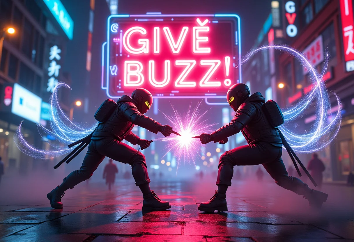 A high-energy scene where two futuristic artists are locked in an epic duel, their weapons glowing styluses slashing through the air, creating trails of vibrant holographic art. Above them, a glowing neon sign flashes 'GIVE BUZZ!' in bold letters, surrounded by swirling hashtags and likes. The backdrop is a cyberpunk city buzzing with creativity.