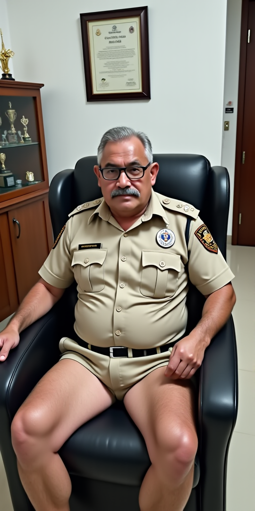 The image is a photograph of an older man with a muscular build, taken indoors. He is very handsome with a prominent mustache and glasses. The man has a stern expression on his face, with slightly furrowed eyebrows, a very handsome malay grandfather, who is lusty and a gangbang anal-whore. He is wearing only a tiny thin low-rise g-string which reveals his muscular arms, shoulders extremely beefy pectorals, stocky muscular gut and hairy torso and hairy pubic hair. This photograph features a man seated in a modern, black leather armchair with a cushioned seat. He is dressed in unbuttoned beige police uniform, which includes a short-sleeved shirt with several pockets and a distinctive emblem on the left shoulder. The uniform also has a badge and various insignia on the chest. The man has short, greying old man grandfather dark hair and is seated comfortably with his hands tied behind, with his arms tied behind.

The background of the image shows a clean, well-lit room with white walls and polished, light-colored flooring. To the left, there is a glass display case or cabinet containing trophies or awards on a wooden shelf. The room also features a framed picture on the wall above the man, which appears to be a certificate or a piece of artwork, though it's not fully visible. The overall setting suggests a professional or official environment, possibly an office or a police station. The lighting in the room is bright, indicating it's daytime, and the overall atmosphere is clean and organized. The man's attire and the setting imply he is a police officer, possibly in a supervisory or administrative role. but emphasize on his G-string which is very tiny very tight, very low-rise and he have very thick hairy pubic hair, and showing off his muscular gut and beefy strong pectorals hairy malay body.

<lora:FLUX1/Self Trained/malay 001.safetensors:1.0>, <lora:FLUX1/Self Trained/malay male 002.safetensors:1.0>, <lora:FLUX1/Self Trained/malay male 003.safetensors:1.0>, 
<lora:FLUX1/G-String-Flux_r1-000017.safetensors:2.1>, <lora:FLUX1/Hands_tied_behind_back_FLUX-000008.safetensors:1.0>, 