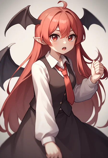 score_9,score_8_up,score_7_up,<lora:Touhou_pony:1>,1girl, head_wings, koakuma, touhou, bat_wings, white_shirt, red_necktie, black_vest, black_skirt, long_sleeves, collared_shirt, black_wings