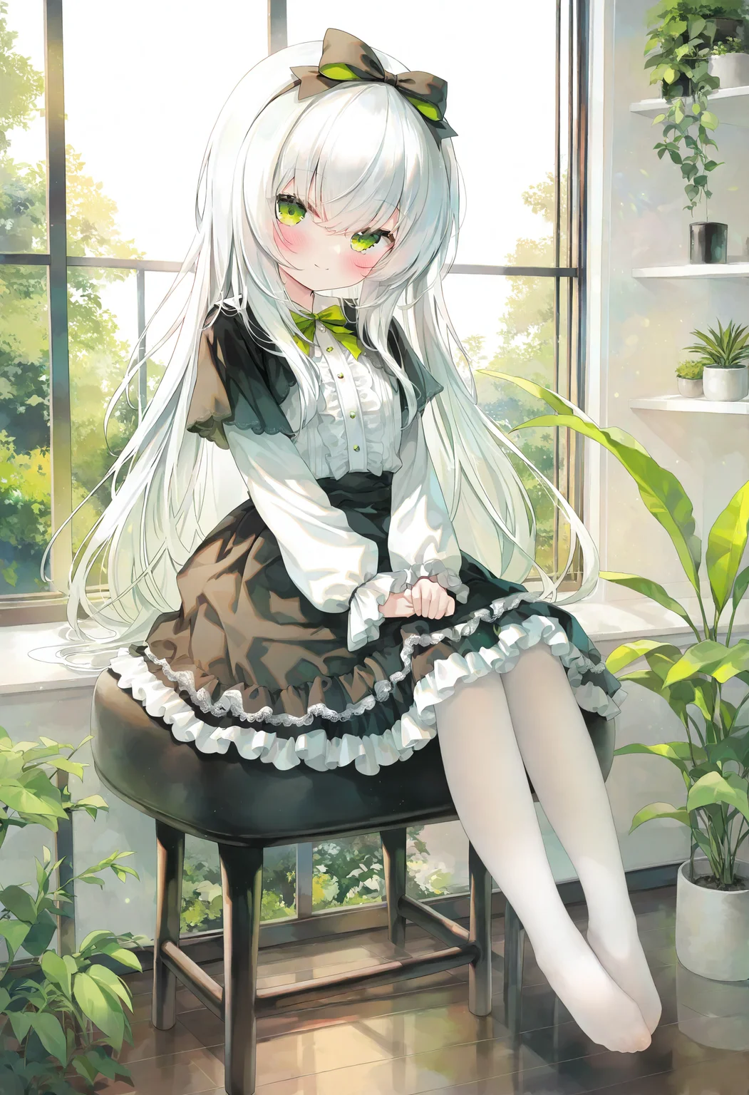 1girl, solo, white pantyhose, long hair, no shoes, green eyes, sitting, skirt, shirt, pantyhose, frills, looking at viewer, closed mouth, indoors, white shirt, long sleeves, bow, white hair, hair bow, smile, blush, window, very long hair, frilled skirt, plant, black skirt, chair, full body, center frills, hair between eyes, puffy sleeves, puffy long sleeves, short over long sleeves,
masterpiece,best quality,newest,absurdres,highres,very awa,<lora:cao5_noob1.1-000192:0.9>,