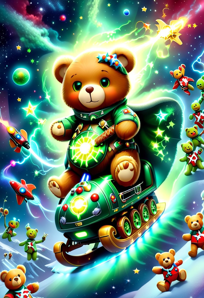 xmastedx,Festive,
(masterpiece, best quality:1.2), teddy bears' intergalactic holiday, spaceship sleigh, electric guitars with neon lights, parade of teddy bears in space suits, planets and stars as the backdrop, teddy bears playing guitars that produce laser - like sound waves, the sleigh flying through a nebula, alien creatures joining the celebration, teddy bears dancing with little green men, a sense of adventure and holiday joy in the vast universe.