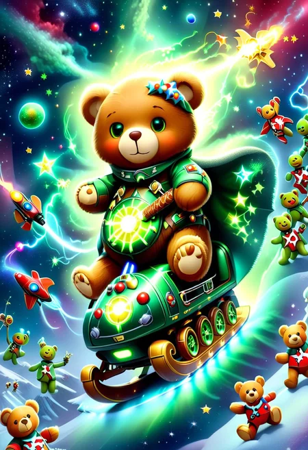 xmastedx,Festive,
(masterpiece, best quality:1.2), teddy bears' intergalactic holiday, spaceship sleigh, electric guitars with neon lights, parade of teddy bears in space suits, planets and stars as the backdrop, teddy bears playing guitars that produce laser - like sound waves, the sleigh flying through a nebula, alien creatures joining the celebration, teddy bears dancing with little green men, a sense of adventure and holiday joy in the vast universe.