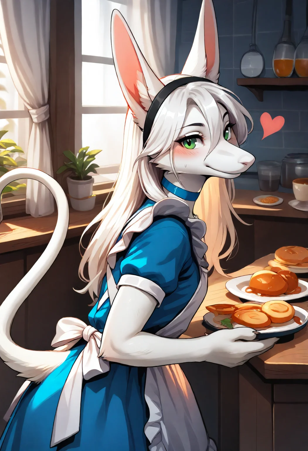 fluffy, tufts, furry, BREAK,
freyac, 1girl, solo, female, white hair, blue dress, white apron, indoors, leaning forward, white curtains, green eyes, looking at viewer, upper body, black hairband, tail up, white fur, heart, amused, happy, blush, blue choker, cowboy shot, playful, from side, food, <3, white ear fluff, ear fluff, tail, hairband, cute, light smile, ears,
, <lora:Freya11b s97:1>
