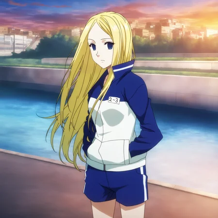 sharp focus, pixiv masterpiece, score_9, score_8_up, source_anime, score_7_up, best quality, high res, absurd res, BREAK
<lora:Nino_arakawa_under_the_bridge_illu_v38:1>,nino_arakawa_il, (1girl, solo:1.5), blonde_hair, blue_eyes, blue_white_tracksuit, number_tag, long_hair, blue_shorts, side_stripes,(anime_screencap:1.1), riverside, cowboy shot, standing, hands_in_pockets