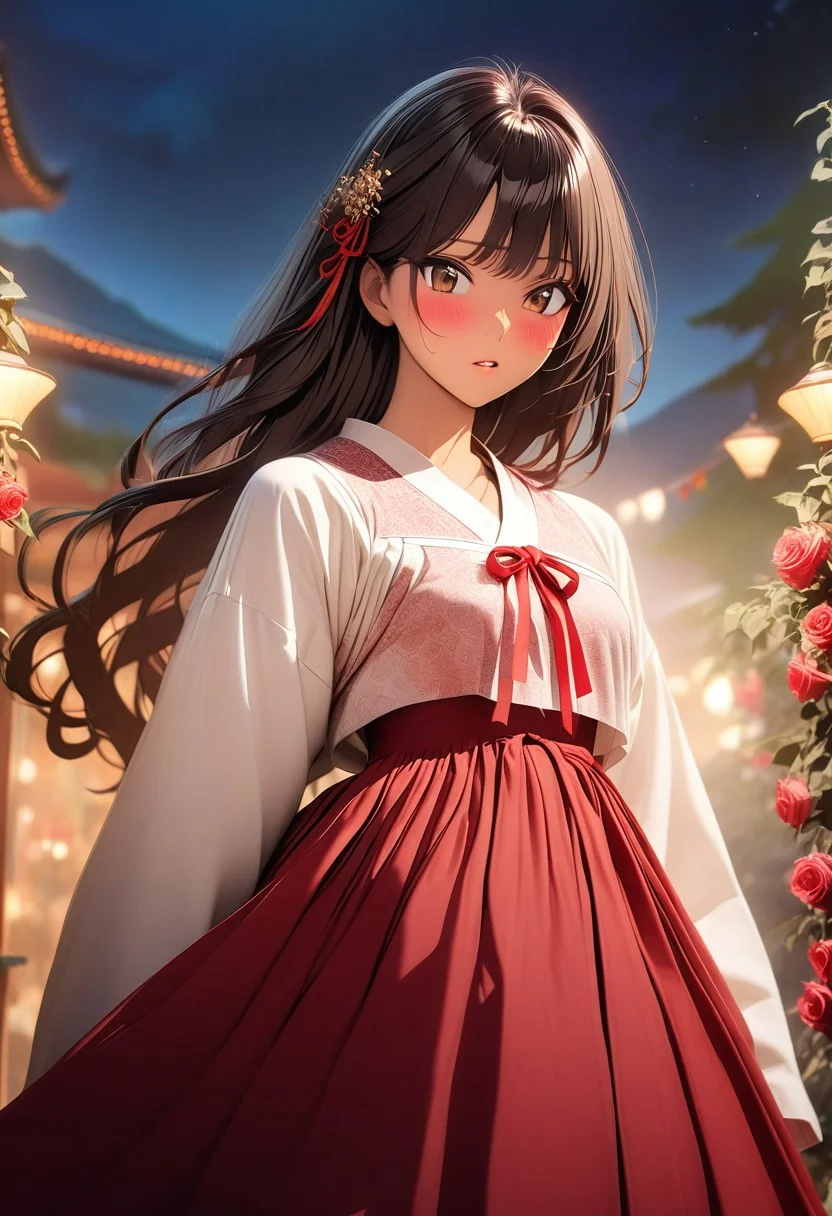 gorgeous lips, cinematic, (masterpiece), (best quality), (ultra-detailed), very aesthetic, illustration, perfect composition, intricate details, absurdres, detailed face, (anime, masterpiece, intricate:1.3), (best quality, hires textures, high detail:1.2), brown eyes,
1girl, tan skin, very long black hair, wavy hair,medium breasts, perfecteyes, 8k, highest quality, ultra details,1girl, solo(,black and red korean style hanbok,:1.4), red hair ribbon, surrounded by roses, standing,night time, rose garden, mountains, mountainous land, touching cheek, pursed lips, cinematic lighting, hair blowing in the wind, hanbok skirt blowing in wind, blush, happy, (from front:1.4), cowboy shot