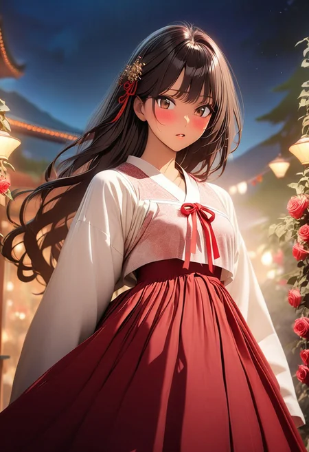 gorgeous lips, cinematic, (masterpiece), (best quality), (ultra-detailed), very aesthetic, illustration, perfect composition, intricate details, absurdres, detailed face, (anime, masterpiece, intricate:1.3), (best quality, hires textures, high detail:1.2), brown eyes,
1girl, tan skin, very long black hair, wavy hair,medium breasts, perfecteyes, 8k, highest quality, ultra details,1girl, solo(,black and red korean style hanbok,:1.4), red hair ribbon, surrounded by roses, standing,night time, rose garden, mountains, mountainous land, touching cheek, pursed lips, cinematic lighting, hair blowing in the wind, hanbok skirt blowing in wind, blush, happy, (from front:1.4), cowboy shot
