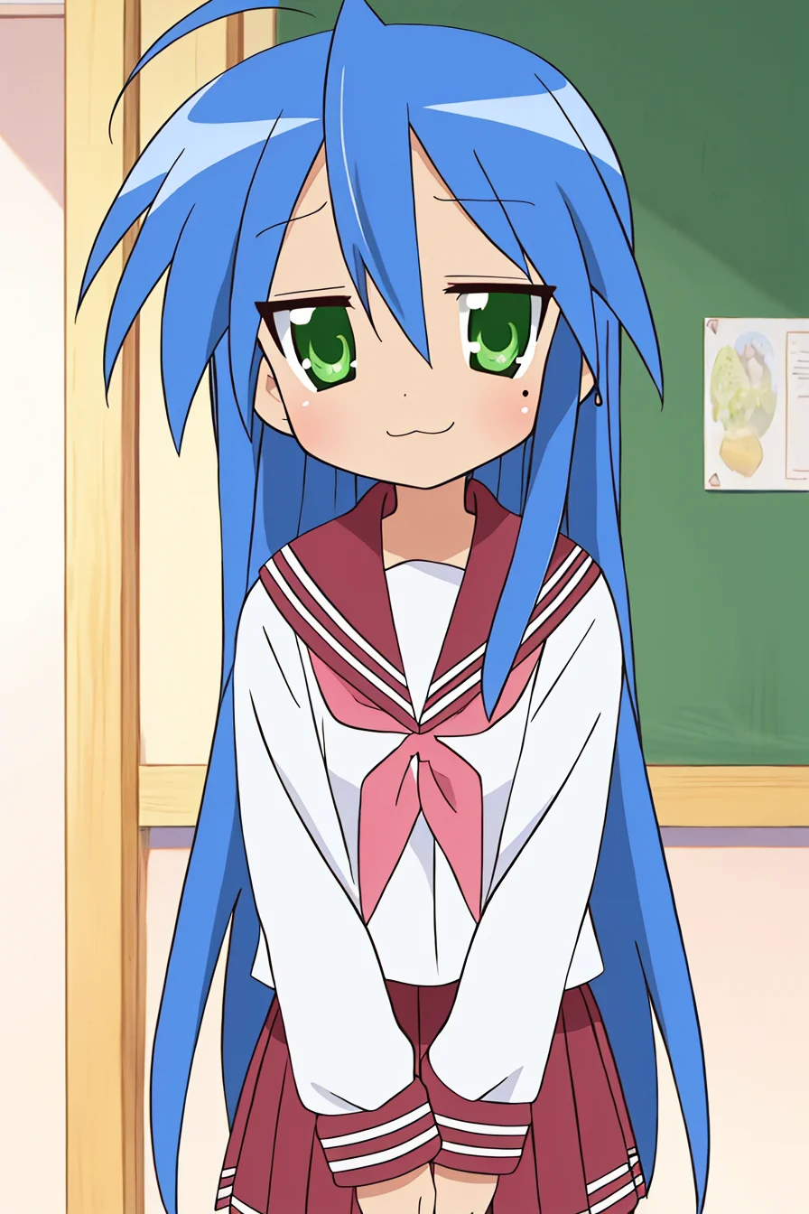 lucky star, masterpiece, best quality, 1girl, mole under eye, mole, ryouou school uniform, solo, school uniform, serafuku, long hair, green eyes, blue hair, parody, :3, ahoge <lora:lucky_star_offset:1>