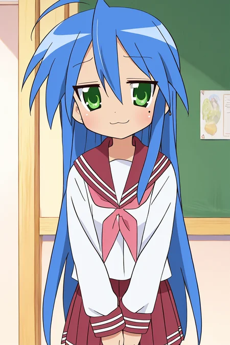 lucky star, masterpiece, best quality, 1girl, mole under eye, mole, ryouou school uniform, solo, school uniform, serafuku, long hair, green eyes, blue hair, parody, :3, ahoge <lora:lucky_star_offset:1>