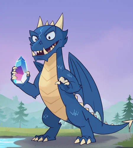 score_9, score_8_up, score_7_up, high res:1.5, digital media (artwork), lineless, cool colors, cool lighting, solo focus, dr4g4m0nzd4x, dragon, scalie, horns, fangs, sharp teeth, claws, blue scales, two tone body, anthro:1.5, biped, male, cross-eyed, shocked, wide eyed, full body, three-quarter view, holding crystal, glowing body, standing, night, dark, lake scenery, <lora:Dax_-_Dragamonz:0.85>