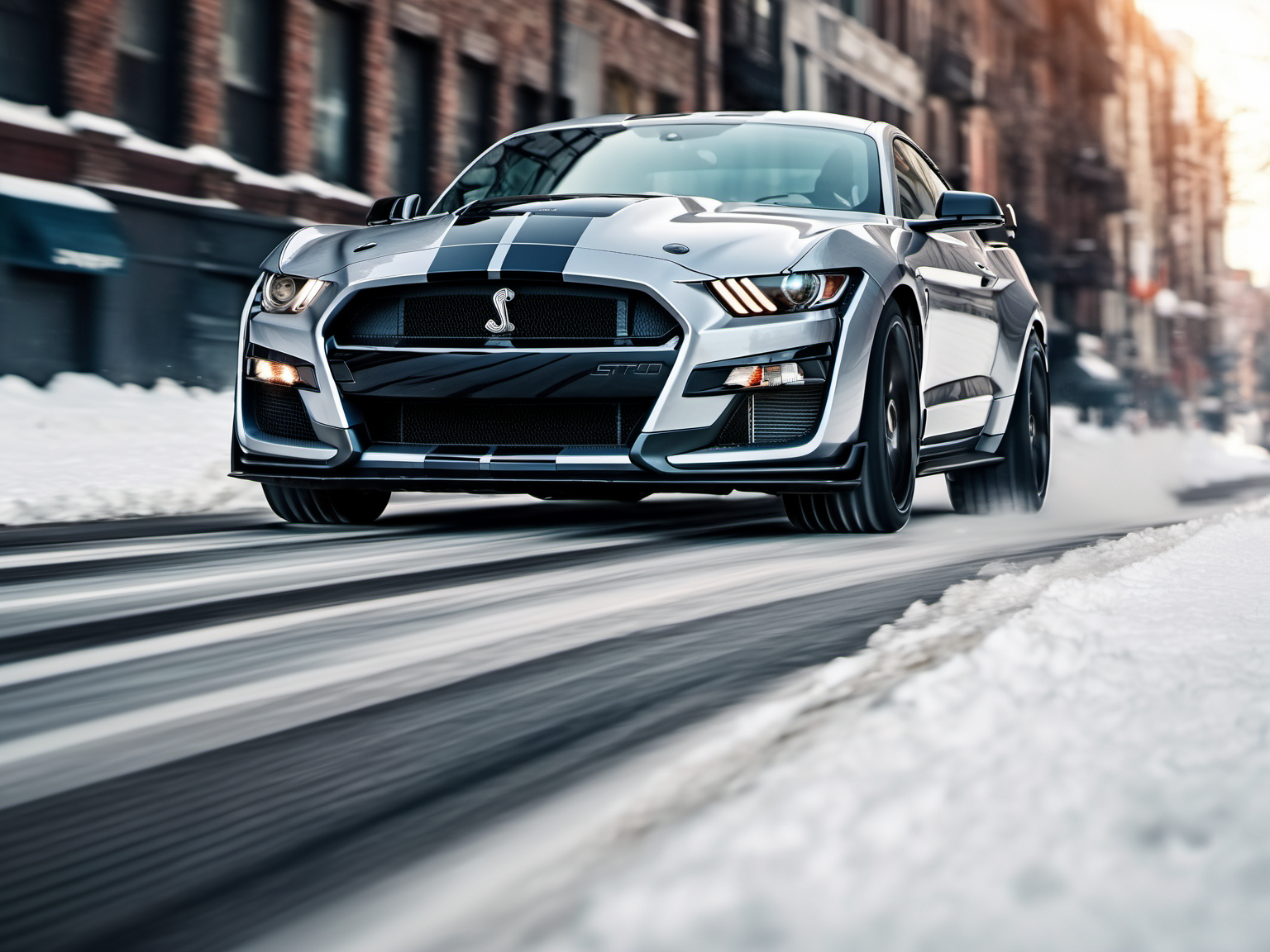 a closeup photo of mstgsgt500 car driving in the snow in the city, hdr, 8k, ultra high-res, movie picture frame<lora:mstgsgt500_car_t02_SDXL-000010:0.7>