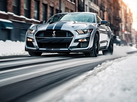 a closeup photo of mstgsgt500 car driving in the snow in the city, hdr, 8k, ultra high-res, movie picture frame<lora:mstgsgt500_car_t02_SDXL-000010:0.7>