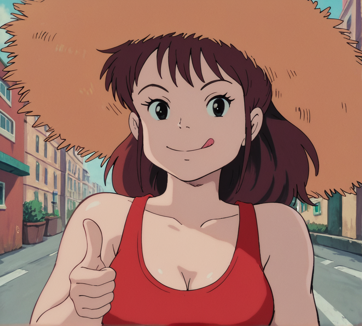 Ursula, black eyes, zPDXL, best quality, amazing quality, score 9, 1girl, red shirt, tank top, outdoors, looking at viewer, smile, closed mouth, tongue out, thumbs up, city, street, straw hat, retro artstyle, <lora:Ursula:0.8>