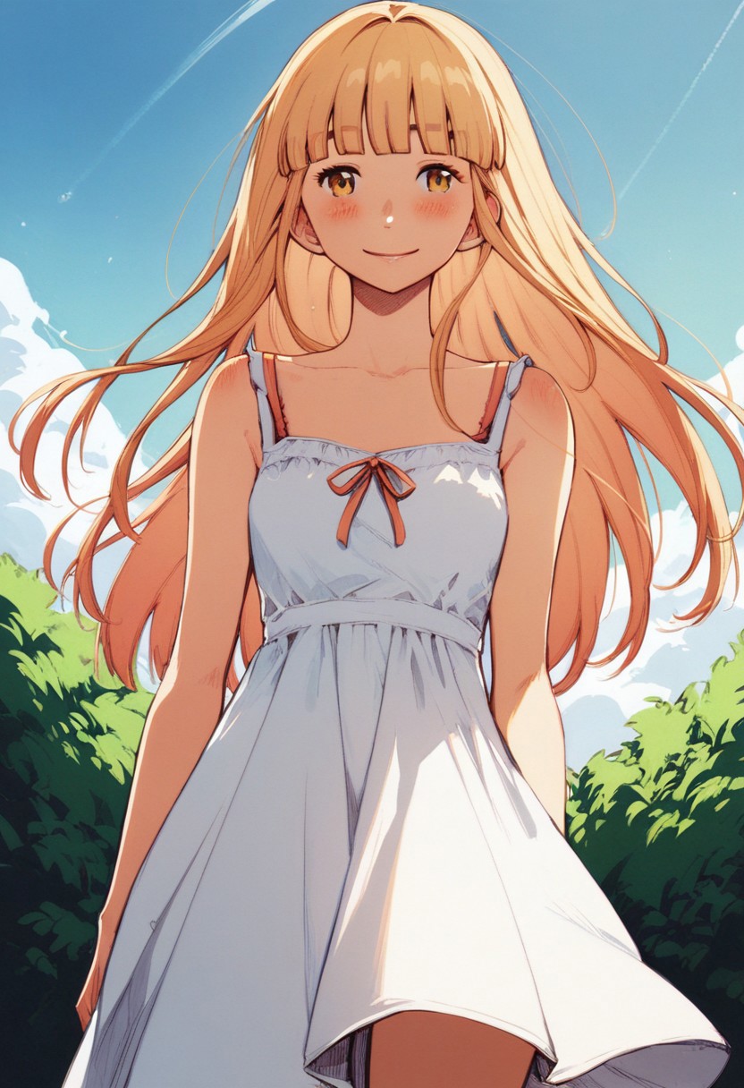 score_9, score_8_up, score_7_up, 1girl, sundress, blush, standing, smile, long hair, blunt bangs, sky, cowboy shot