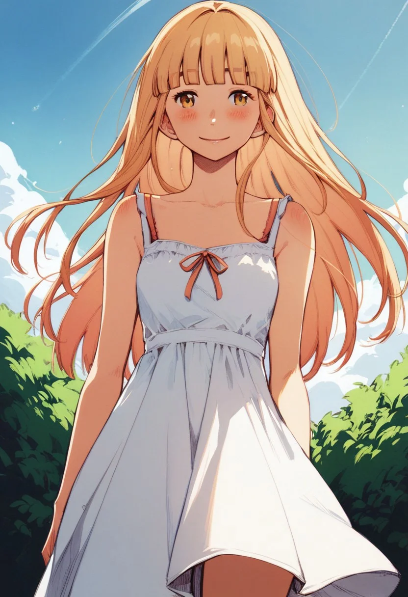 score_9, score_8_up, score_7_up, 1girl, sundress, blush, standing, smile, long hair, blunt bangs, sky, cowboy shot