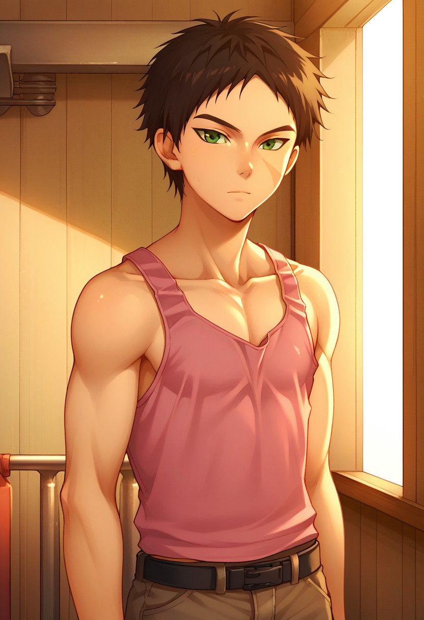 score_9, score_8_up, score_7_up, source_anime, highly detailed, 
aston, 1boy, male focus, solo, black hair, scar, green eyes, upper body, standing, pants, collarbone, tank top, pink tank top, slender,
indoor, hangar,