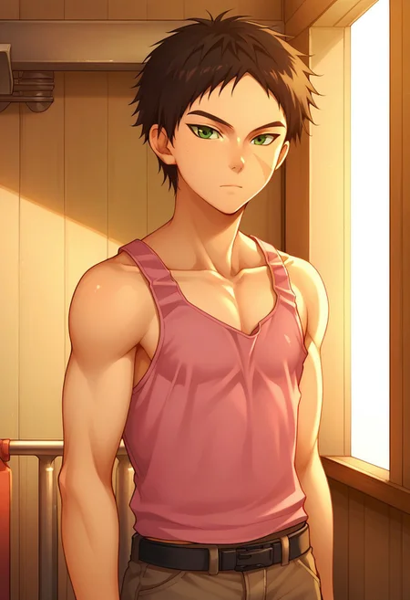 score_9, score_8_up, score_7_up, source_anime, highly detailed, 
aston, 1boy, male focus, solo, black hair, scar, green eyes, upper body, standing, pants, collarbone, tank top, pink tank top, slender,
indoor, hangar,
