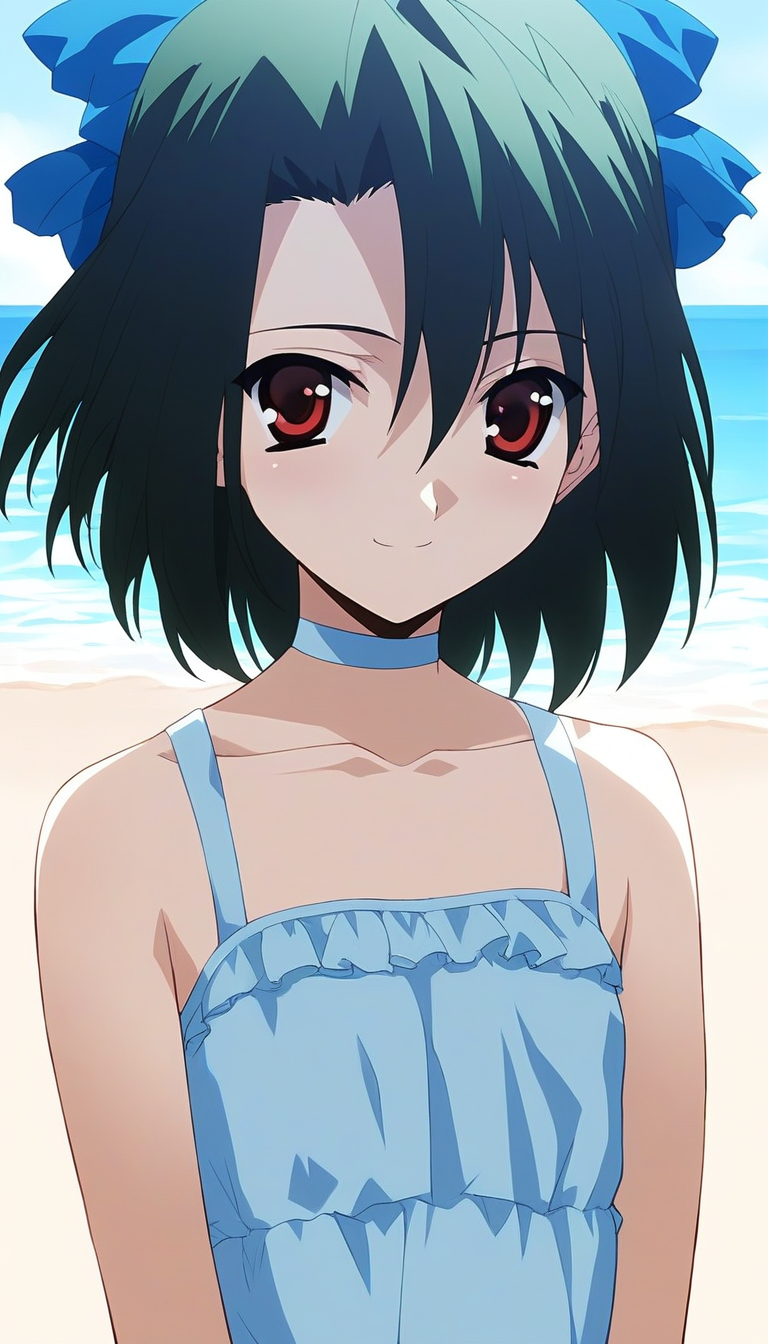 score_9, score_8_up, score_7_up, source_anime, rating_explicit, BREAK  <lora:Kiyoura_Setsuna_XL:1> Kiyoura_Setsuna, black hair,  green hair, short hair, red eyes, hair ribbon, flat chest,hair between eyes, bangs,
1girl, solo, dress, choker, light blue bow, looking at viewer, smile,
bare shoulders, light blue dress, sundress, collarbone, upper body
outdoor, beach, summer,