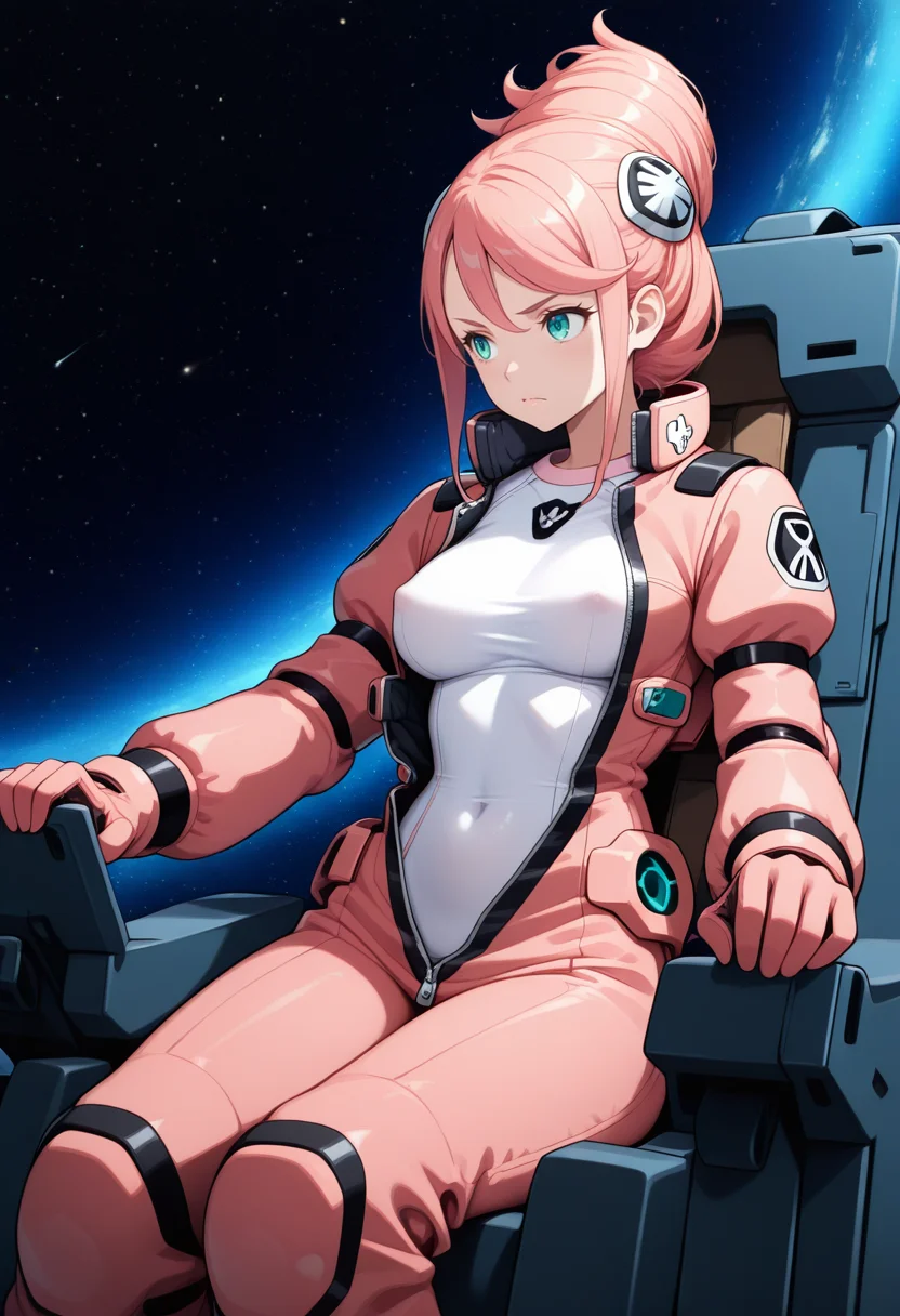 masterpiece,best quality,amazing quality, greco_aida, 1girl, pink hair, hair ornament, hair bun, sidelocks, teal eyes, medium breasts, lower lip, spacesuit, unzipped, bodysuit under clothes,
serious, looking to the side, space,
gundamallviewmoniter, cockpit, sitting, grip console, covered navel, covered erect nipples,