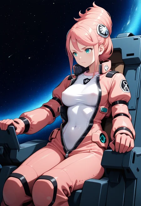masterpiece,best quality,amazing quality, greco_aida, 1girl, pink hair, hair ornament, hair bun, sidelocks, teal eyes, medium breasts, lower lip, spacesuit, unzipped, bodysuit under clothes,
serious, looking to the side, space,
gundamallviewmoniter, cockpit, sitting, grip console, covered navel, covered erect nipples,