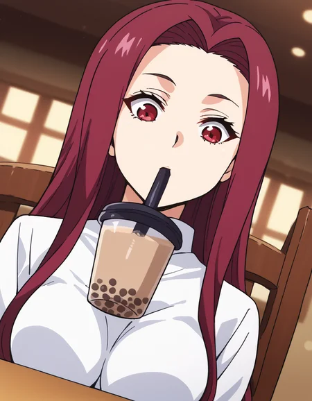 score_9, score_8_up, score_7_up, source_anime, <lora:ryouko-sakaki-s1-ponyxl-lora-nochekaiser:1>, ryouko sakaki, long hair, red eyes, red hair, forehead, large breasts,, <lora:bubble-tea-challenge-ponyxl-lora-nochekaiser:1>, bubble tea challenge, bubble tea, object on breast, drinking straw, drinking straw in mouth, drinking, cup,, indoors, sitting, looking down, , cowboy shot, dutch angle