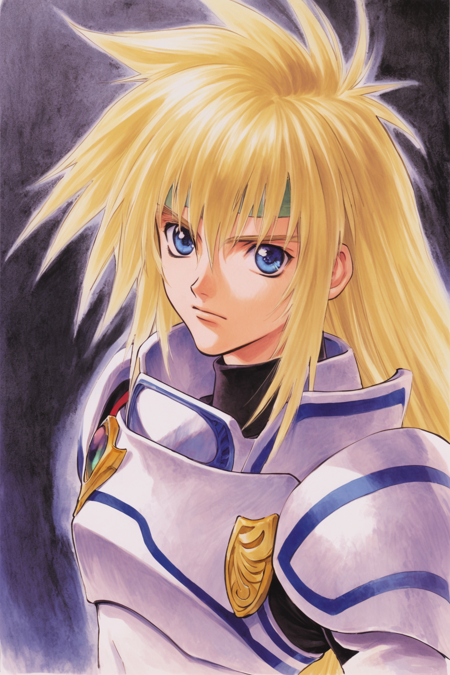 Stan Aileron(Tales of Destiny),solo,male focus,1boy,blonde hair,blue eyes,white background,long hair,headband,simple background,armor,portrait,looking at viewer,traditional media,closed mouth,upper body,retro artstyle,watercolor (medium),
<lora:Inomata Mutsumi_XL:0.8>,