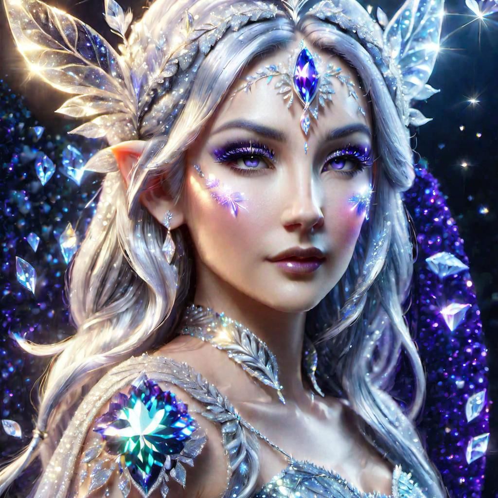 portrait of an epoch elf,  wearing a ((fairy dress, crystalline dress)), she has long glittery silver hair, perfect elven face, symmetrical eyes, fine details best quality, hyperdetailed face, photorealistic, highest quality, best shadow, highly detailed. photography, professional, 4k, 8k HD, professional, purple colors, blue light, blue atmosphere