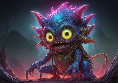 (whimsical cute otherworldly fantasy)-monster, cute big eyes, Multi-colored tentacles, Glowing red eyes, Gaping maw, Spiked, armored plating, Barbed, whip-like tail, Serrated, tooth-like scales, Glowing, bioluminescent markings, Intricately carved, demonic horns, Sinewy, muscular physique, Colorful pulsating, iridescent under-skin, Tattered, dirt stained robes, Glowing, malevolent aura, Tentacle-like antennaes, Bulging, bloodshot eyes, Tattered, tattered cloak,
light rays, dark background, (pui:0.01)(trending:1.1) (high image quality:1.08), (RAW:1.05),(high resolution photograph:1.28),high definition,best quality, amazing quality, (aesthetic:0.75), <lora:LCMTurboMix_Euler_A_fix.safetensors:0.96:0.3> <lora:sdxl\add-detail-xl.safetensors:0.87:0.10 p25,s20