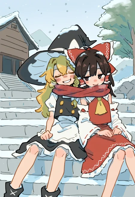 firedotinc,
hakurei reimu, kirisame marisa, 2girls, ascot, black hair, black vest, blonde hair, blush, bow, braid, building, crossed bangs, cuddling, detached sleeves, frilled bow, frilled hair tubes, frilled hat, frilled shirt, frills, hair bow, hair intakes, hair tubes, hakama, hand on lap, hand to own mouth, hat, hat bow, japanese clothes, long hair, multiple girls, outdoors, pleated skirt, puffy sleeves, red hakama, red scarf, red skirt, ribbon-trimmed sleeves, ribbon trim, scarf, shared clothes, shared scarf, shirt, single braid, sitting, sitting on stairs, skirt, smile, snow, snowing, stairs, tree, vest, white bow, white shirt, white skirt, white sleeves, wide sleeves, witch hat, yellow ascot
, masterpiece, best quality, good quality,
<lora:best_of_ai_styles_noob-vpred-1.0_v1.337-edm2-pass-long:1>