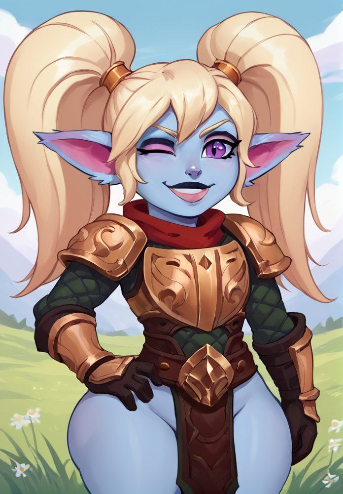 zPDXL2, zPDXLxxx, solo,  <lora:fellatrix_style:0.35>   facial focus, cowboy shot, <lora:PoppyLoLXL:.7> 1girl, yordle, colored skin, twintails, pointy ears, blonde hair, blue skin, armor, long hair, shortstack, gloves, grass, looking at viewer, wide hips, thick lips, armor,  loincloth, one hand on hip,   gentle smile, happy,  <lora:BPTwoTone-000005:1>  two tone lipstick, black upper lip, pink lower lip, asymmetrical eyeshadow, two tone eyeshadow, black upper eyeshadow, pink lower eyeshadow,
