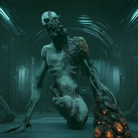 <lora:necromorph_exploder_illustrious:1>,necromorph_exploder,monster,space station,indoors,dark,looking at viewer,realistic,masterpiece,newest,safe,