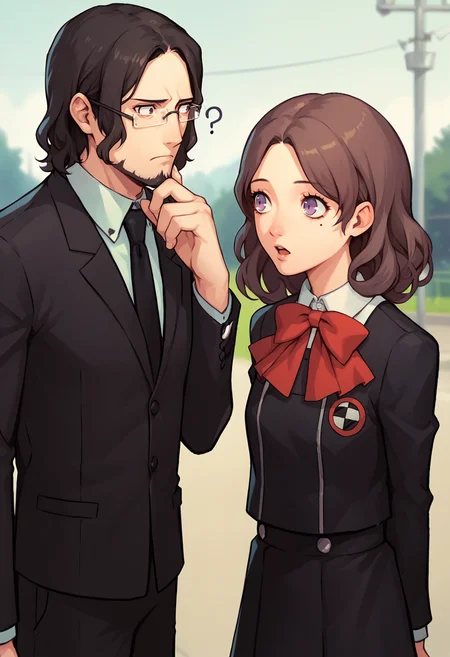 score_9, score_8_up, score_7_up, source_anime, cowboy shot, 1boy, 1girl, father and daughter, outdoors, BREAK
thinking, frown, hand on own chin, ?, <lora:ZenkichiP5S-pdxl:1> defZenkichi, glasses, beard, formal, suit, jacket, necktie, pants BREAK
chestnut mouth, arms behind back, <lora:zs_SaoriXL:1> saorip3, brown hair, medium hair, mole under eye, purple eyes, makeup, school uniform, black jacket, red bow, skirt