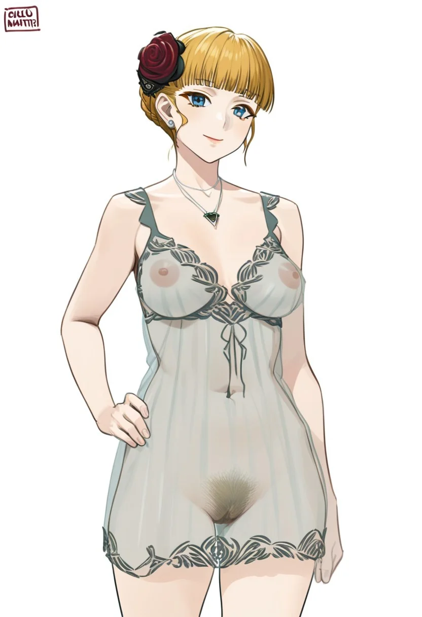score_9, score_8_up,score_7_up,,carlom ,  1girl, solo, breasts, looking at viewer, smile, bangs, blue eyes, blonde hair, simple background, hair ornament, white background, navel, jewelry, medium breasts, closed mouth, nipples, braid, flower, earrings, pussy, hair flower, blunt bangs, necklace, hair bun, covered nipples, see-through, hand on hip, pubic hair, rose, female pubic hair, red flower, red rose, nightgown, beatrice (umineko)