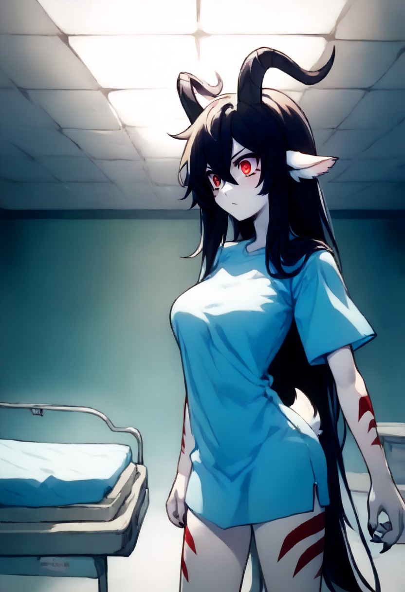 score_9, score_8_up, score_7_up, source_anime,  uncensored, <lora:Viper_Risen-000014:1>, v1p3r1seV6, BREAK, 1 girl, solo, monster girl, 18 years old, 160 cm tall, sickly pale skin, bright red eyes, circles under the eyes, goat horns, black horns, ash-black hair, long hair, disheveled hair, medium breasts, claws, black arms, black legs, pale blue dirty surgical shirt, bright red stripes on shoulders and neck, hospital gown, girl standing near table, holding folder with documents, looking at folder, surprised look, serious expression, side view, modern hospital, abandoned hospital, night, dim light, dark corridor