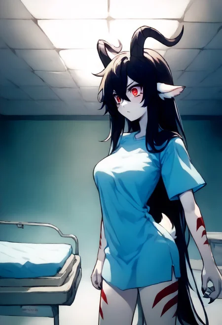 score_9, score_8_up, score_7_up, source_anime, uncensored, <lora:Viper_Risen-000014:1>, v1p3r1seV6, BREAK, 1 girl, solo, monster girl, 18 years old, 160 cm tall, sickly pale skin, bright red eyes, circles under the eyes, goat horns, black horns, ash-black hair, long hair, disheveled hair, medium breasts, claws, black arms, black legs, pale blue dirty surgical shirt, bright red stripes on shoulders and neck, hospital gown, girl standing near table, holding folder with documents, looking at folder, surprised look, serious expression, side view, modern hospital, abandoned hospital, night, dim light, dark corridor