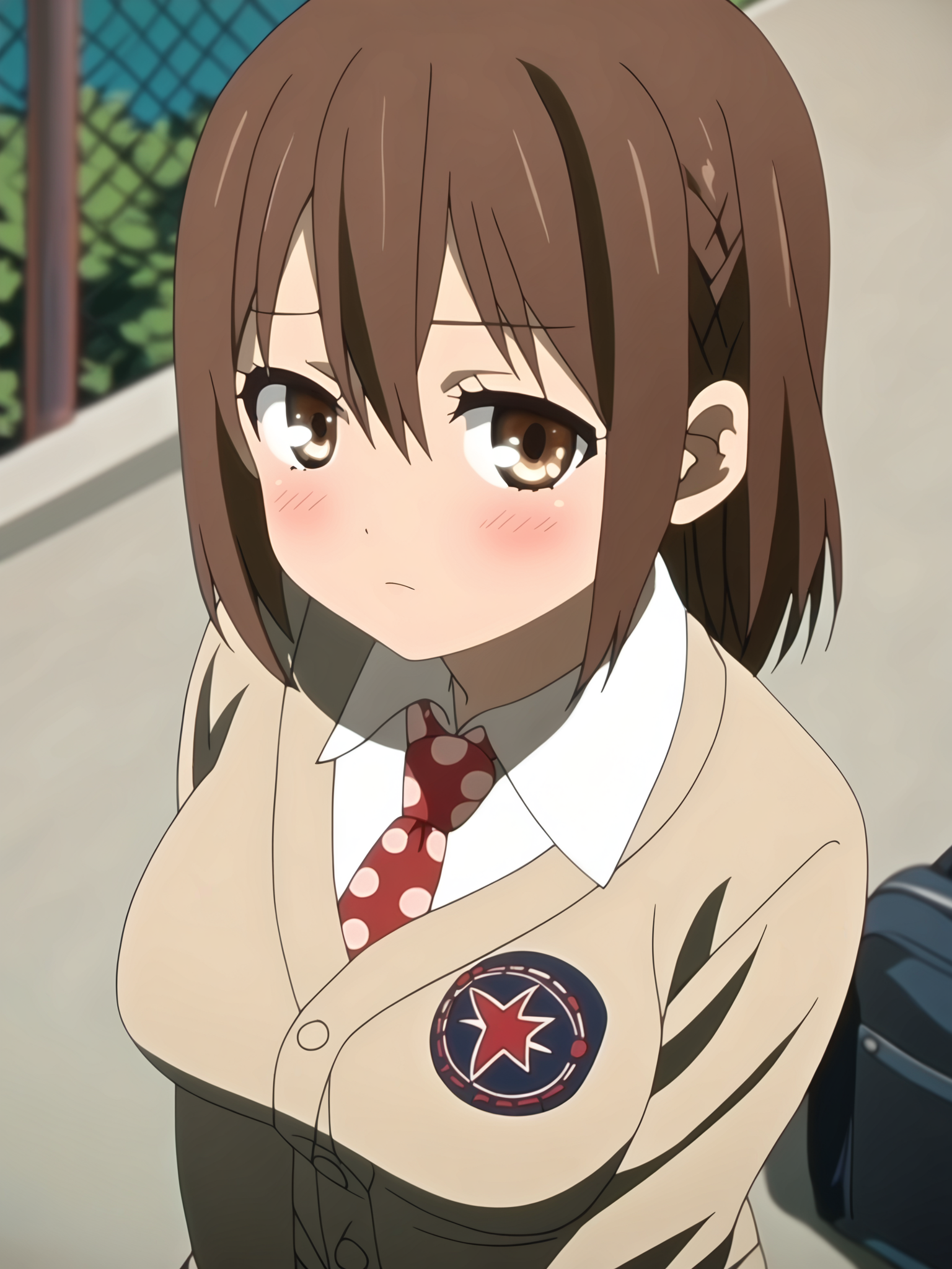 <lora:happy_tentacle-itoumegumi-v0.4-000010:1>, ht_itoumegumi, school uniform, cardigan, necktie, plump, medium breasts , upper body, 1girl, (petite:1.2), solo focus, blush, (looking at viewer:1.1), outdoors , , (depth of field:0.8), from above, <lora:Shed_The_Skin's StS_age_slider_v1_initial_release:-1>, score_9, score_8_up, score_7_up, score_6_up, score_5_up, score_4_up,